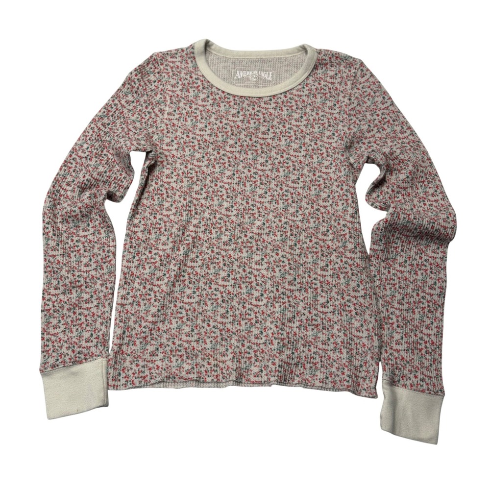 American Eagle Waffle Knit Top Womens Small Ditsy Floral Thermal Long Sleeve